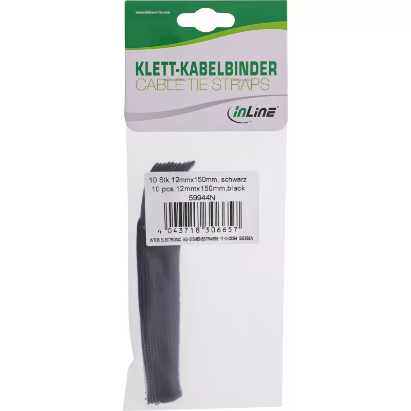Suchý zips káblová spona InLine 12×150 mm, 10 kusov, čierna