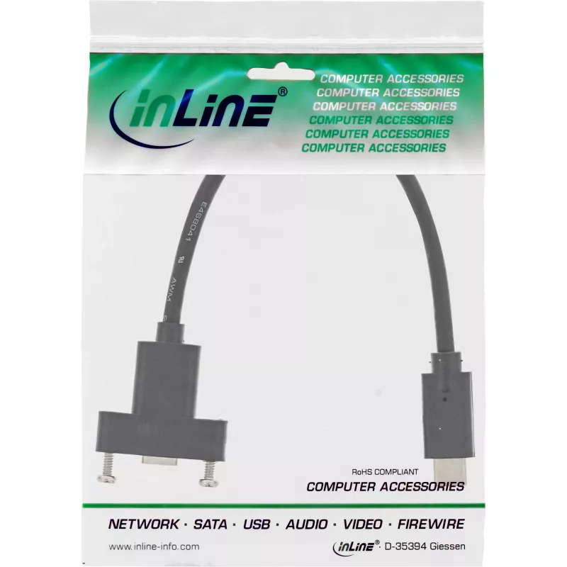 InLine USB 3.2 Gen.2 C konektor samec / konektor samica s prírubovým káblom, čierny, 0,20 m