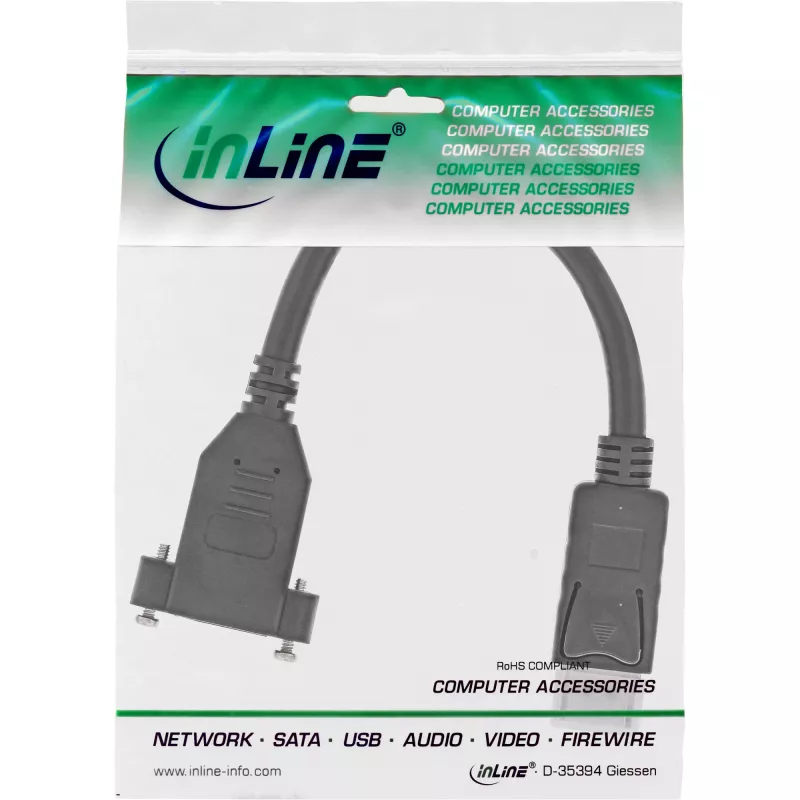 InLine DisplayPort konektor samec na konektor samica s prírubovým káblom 0,2 m, čierny