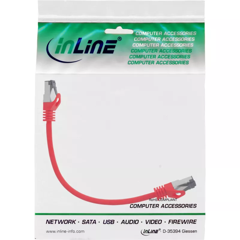 InLine patch kábel, S/FTP (PiMf), Cat.8.1, 2000MHz, bezhalogénový, červený, 0,25 m