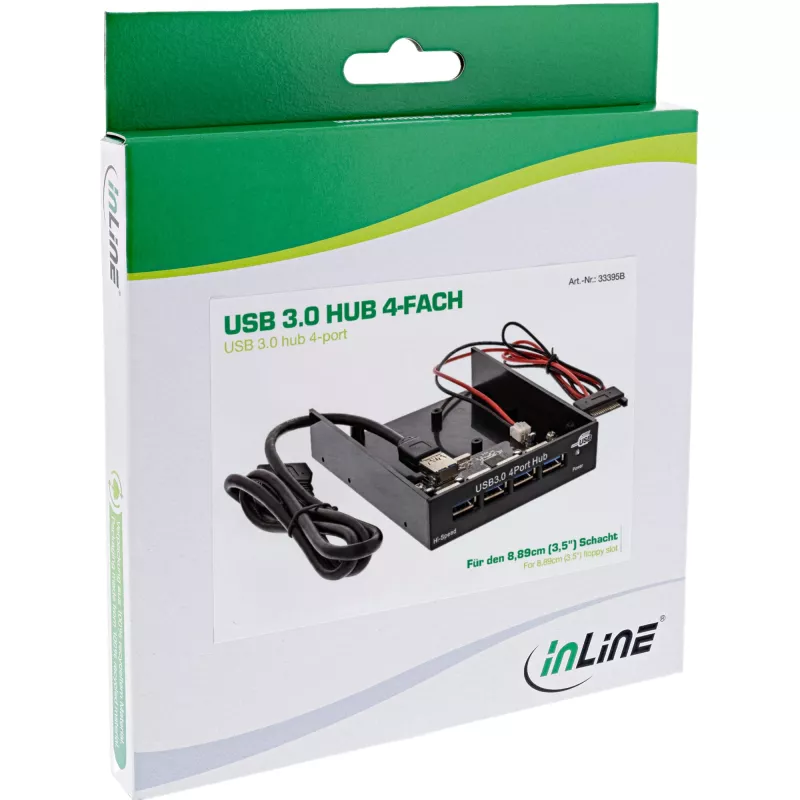 InLine 4-portový USB 3.0 panelový hub pre 3,5-palcovú pozíciu na disketovú mechaniku, čierny