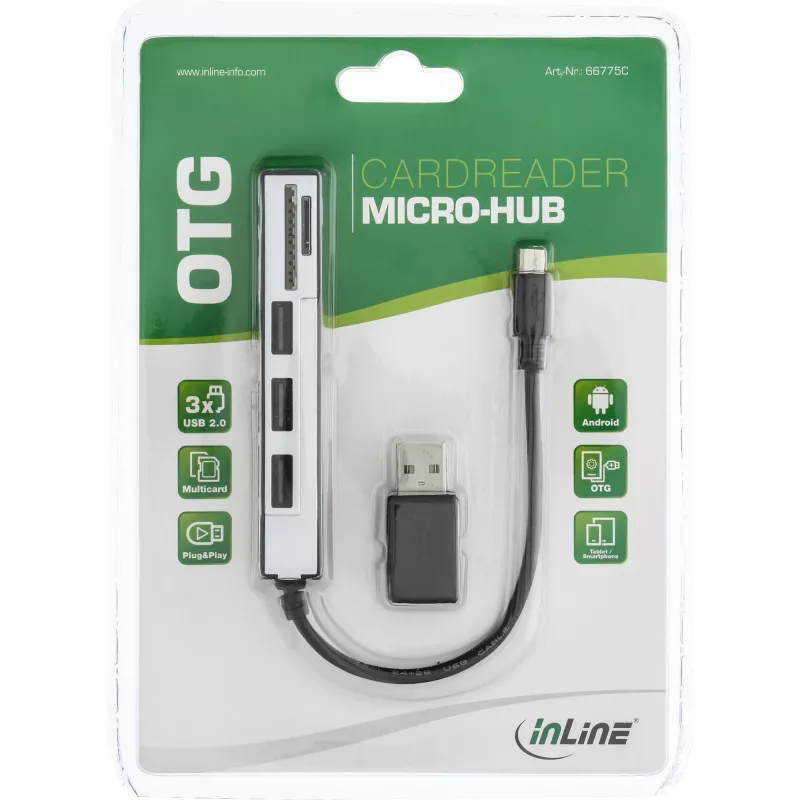 InLine USB OTG čítačka kariet & 3-portový USB 2.0 hub pre SDXC & microSD + adaptér