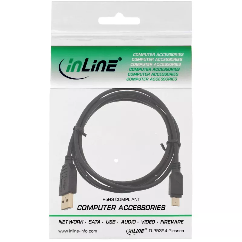 InLine USB 2.0 Mini kábel, Type-A konektor samec / Mini-B konektor samec (5-pinový), čierny/zlatý, 2m