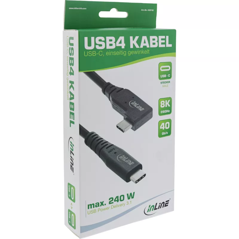 InLine USB4 kábel, USB-C, jednostranne zahnutý, PD 240W, 8K60Hz, TPE, čierny, 2m