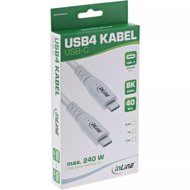 InLine USB4 kábel, USB-C konektor samec/samec, PD 240W, 8K60Hz, TPE, biely, 1m
