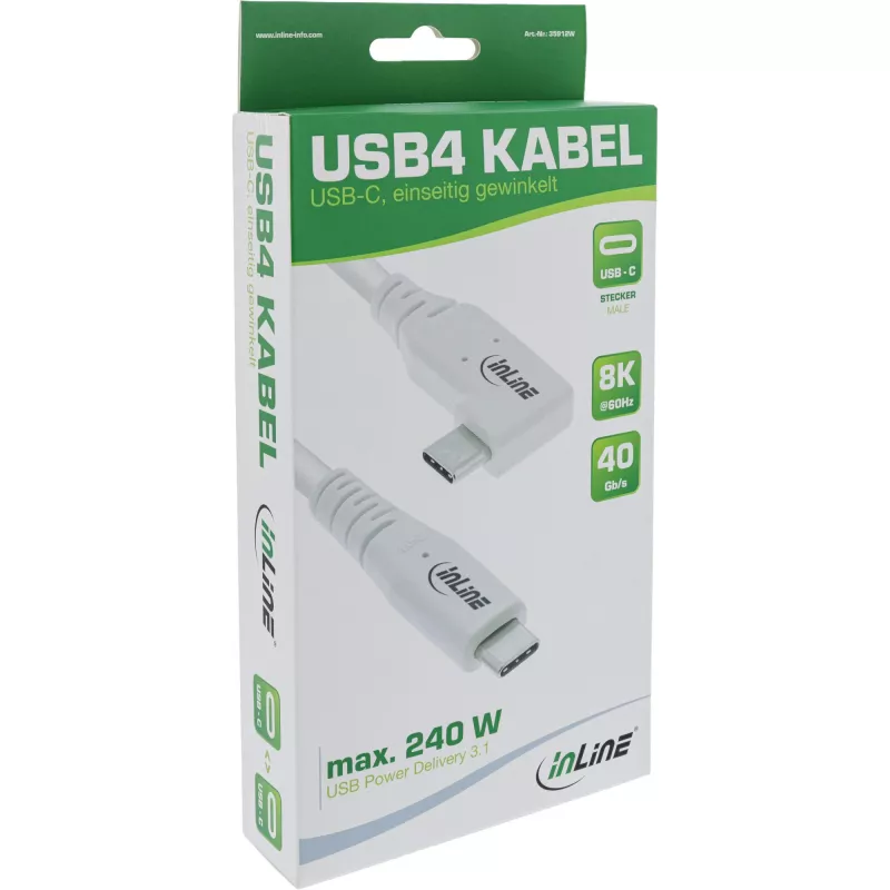 InLine USB4 kábel, USB-C, jednostranne zahnutý, PD 240W, 8K60Hz, TPE, biely, 0,5 m