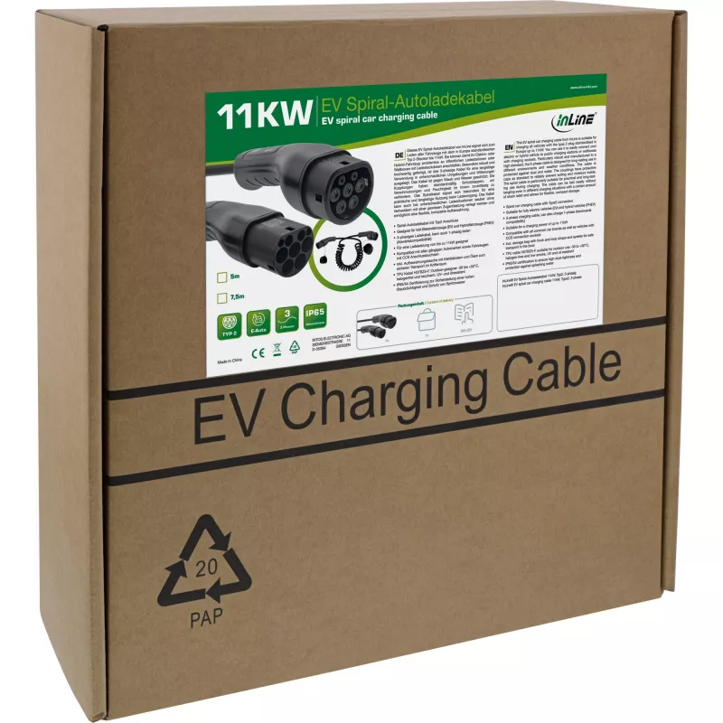 InLine EV špirálový kábel pre elektromobil 11 kW Typ2, 3-fázový, 5 m