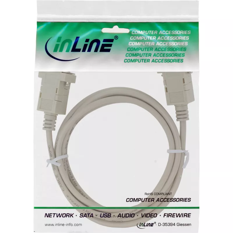 InLine Null modem kábel, DB9 zásuvka/zásuvka, s klipom, béžový, 3 m
