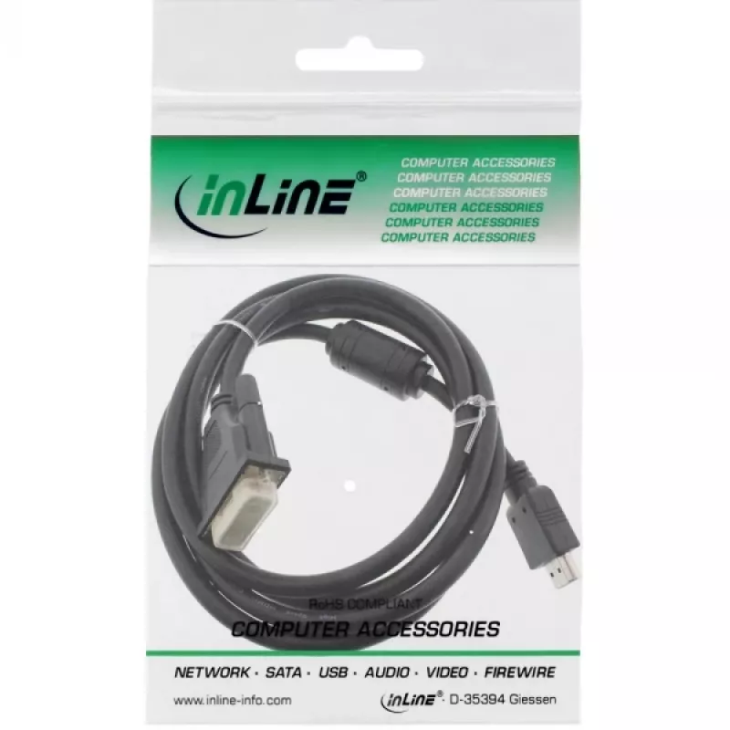 InLine HDMI-DVI kábel 19 pin konektor samec / 18+1 konektor samec + feritové jadro čierny 1,8 m