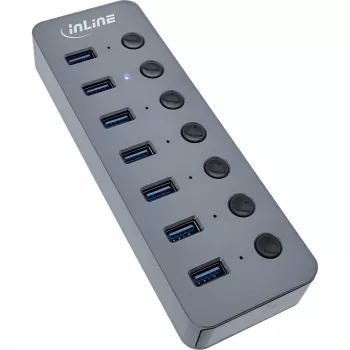 InLine USB 3.2 Gen.1 hub, 7-portový, s vypínačom, hliník, sivá, s napájacím zdrojom