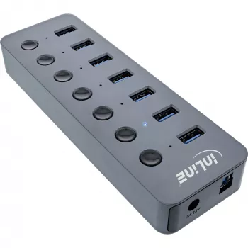 InLine USB 3.2 Gen.1 hub, 7-portový, s vypínačom, hliník, sivá, s napájacím zdrojom