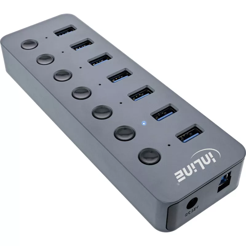 InLine USB 3.2 Gen.1 hub, 7-portový, s vypínačom, hliník, sivý, s napájacím zdrojom