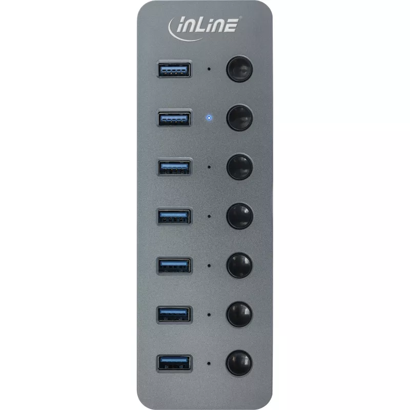 InLine USB 3.2 Gen.1 hub, 7-portový, s vypínačom, hliník, sivý, s napájacím zdrojom