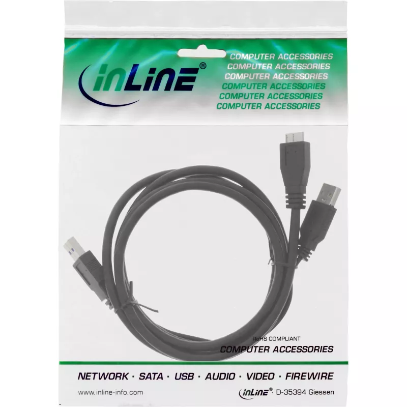 InLine USB 3.2 Gen.1 Y kábel 2x Type-A konektor samec / Micro-B konektor samec, čierny, 1,5m