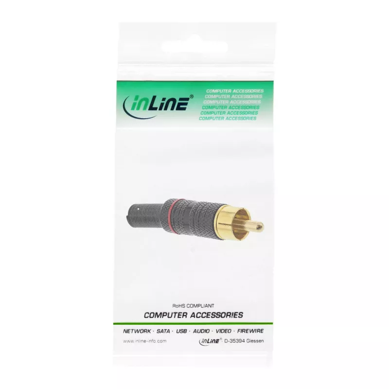 InLine RCA kovový konektor na spájkovanie, čierny, červený krúžok, pre 6-mm kábel