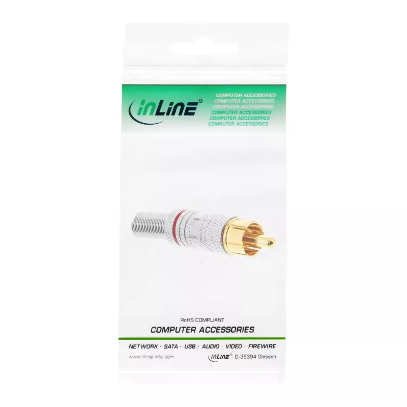 InLine RCA kovový konektor, samec, na spájkovanie, strieborný, červený krúžok, pre 6-mm kábel