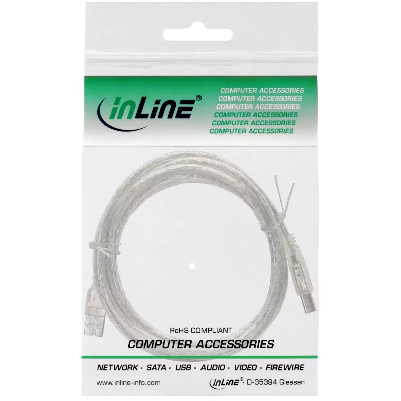 USB 2.0 kábel Type-A konektor samec / B konektor samec InLine 34505T 0,5 m transparentný