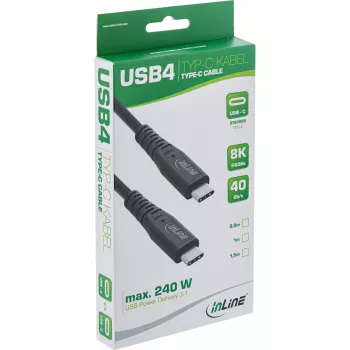 InLine USB4 kábel, USB-C konektor samec/samec, PD 240 W, 8K60Hz, TPE čierny 0,5 m