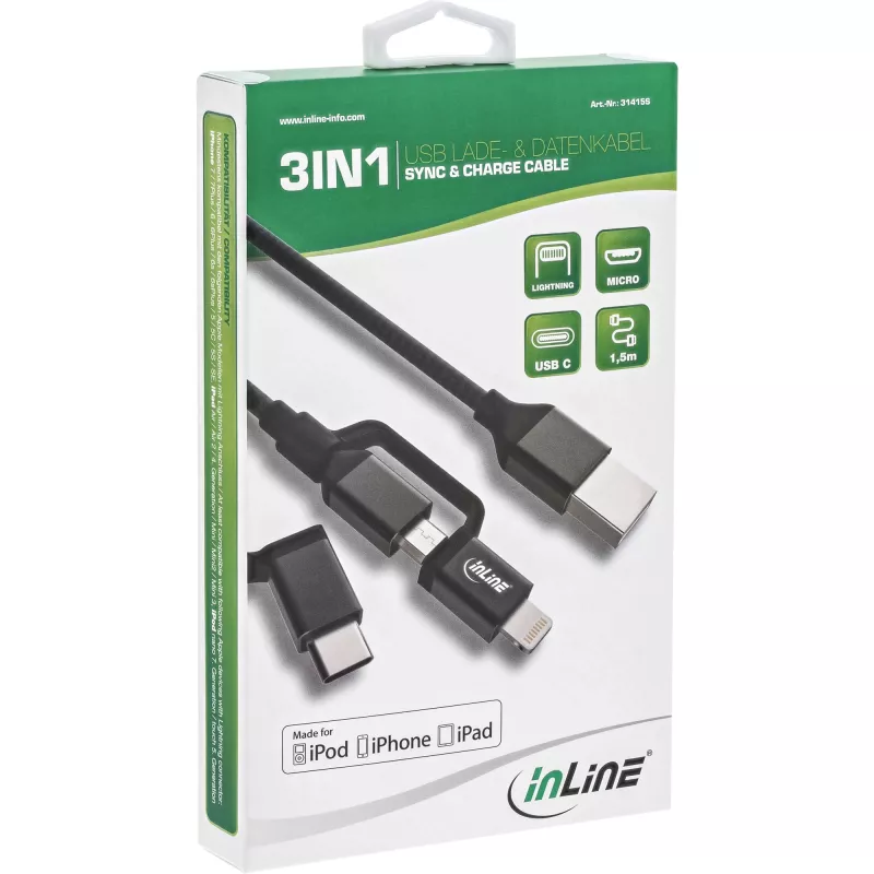 InLine 3-in-1 USB kábel, USB-A samec na Micro-USB+USB-C+Lightning, čierny/hliník