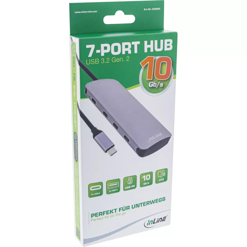 InLine USB 3.2 Gen.2 hub, 4x USB-C + 3x USB-A, PD 100W, hliník, sivý