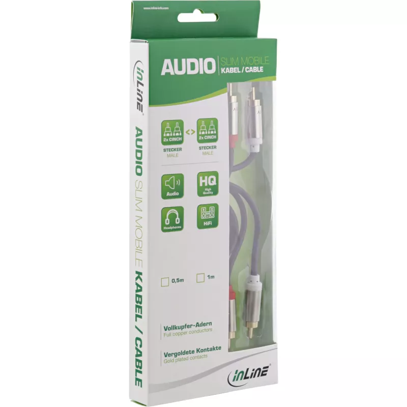 InLine tenký audio kábel 2x RCA M/M, stereo, 0,5 m, 2 x RCA, konektor samec, 2 x RCA + USB, konektor samec, 0,5 m, čierny