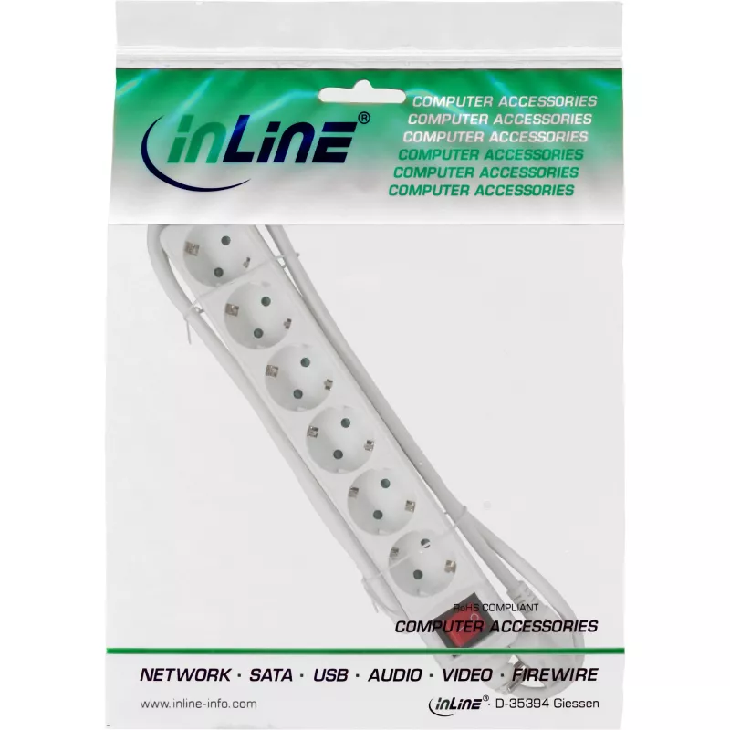 InLine predlžovacia zásuvka, 6-násobná ochranný kontakt CEE 7/3, biela, 3 m