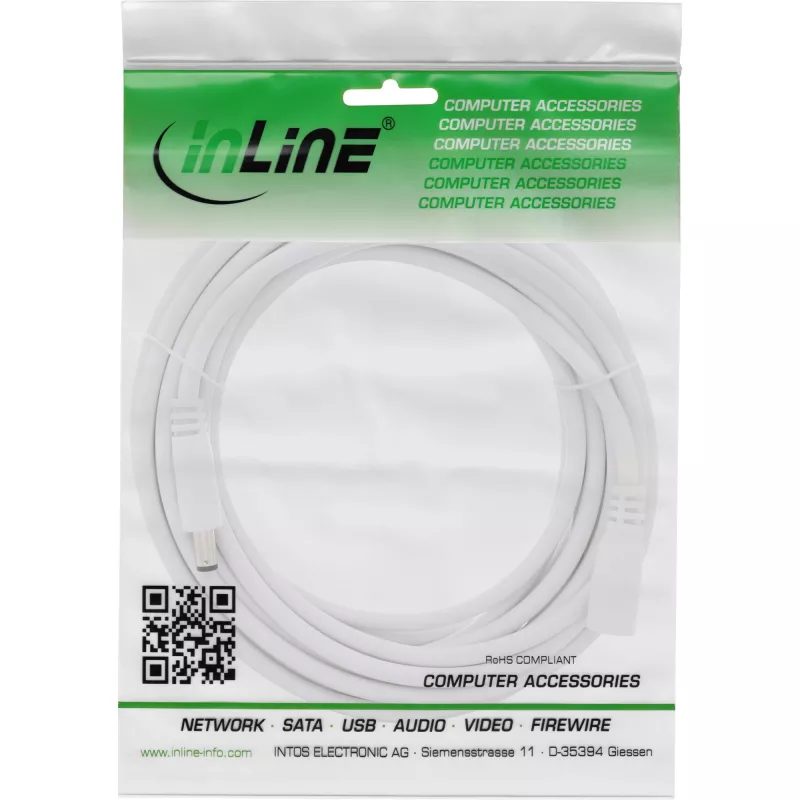 InLine DC predlžovací kábel, DC konektor samec/samica 5,5x2,5 mm, AWG 18, biely 5 m
