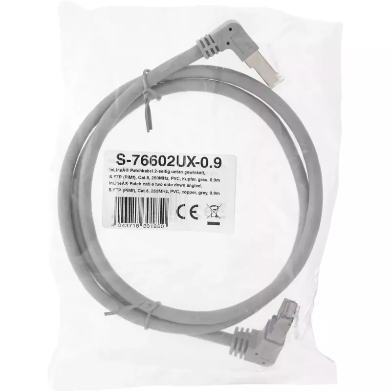 InLine patch kábel obojstranne zahnutý, S/FTP (PiMf), Cat.6, 250 MHz, PVC, meď, sivý, 1,1 m