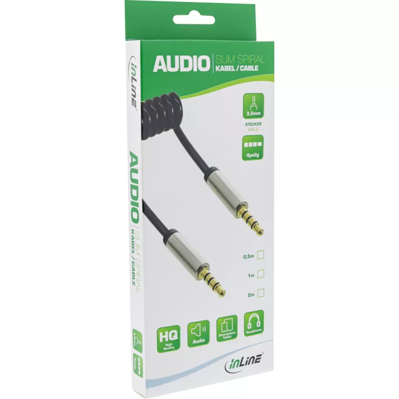 InLine tenký audio špirálový kábel 3,5 mm konektor samec / konektor samec 4-pólový stereo 2 m