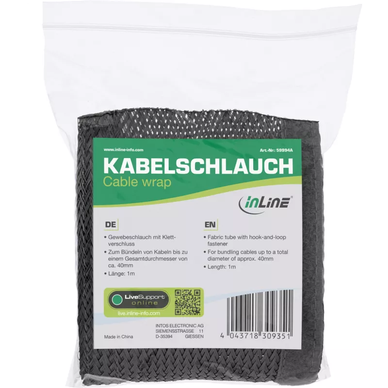 Káblová chránička InLine látková s háčikom a slučkou 1 m × 25 mm, čierna