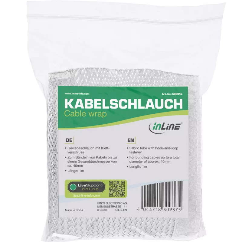 InLine Textilný chránič káblov so suchým zipsom, 1 m x 40 mm, biely