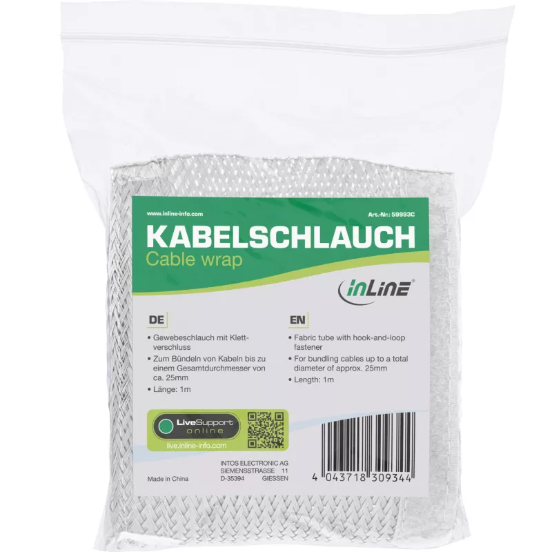 Káblový kryt InLine 1 m × 25 mm, látková hadica so suchým zipsom, biely