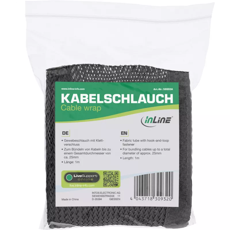 Káblový kanál InLine 59993A — textilná hadica so suchým zipsom, 1 m × 25 mm, čierna