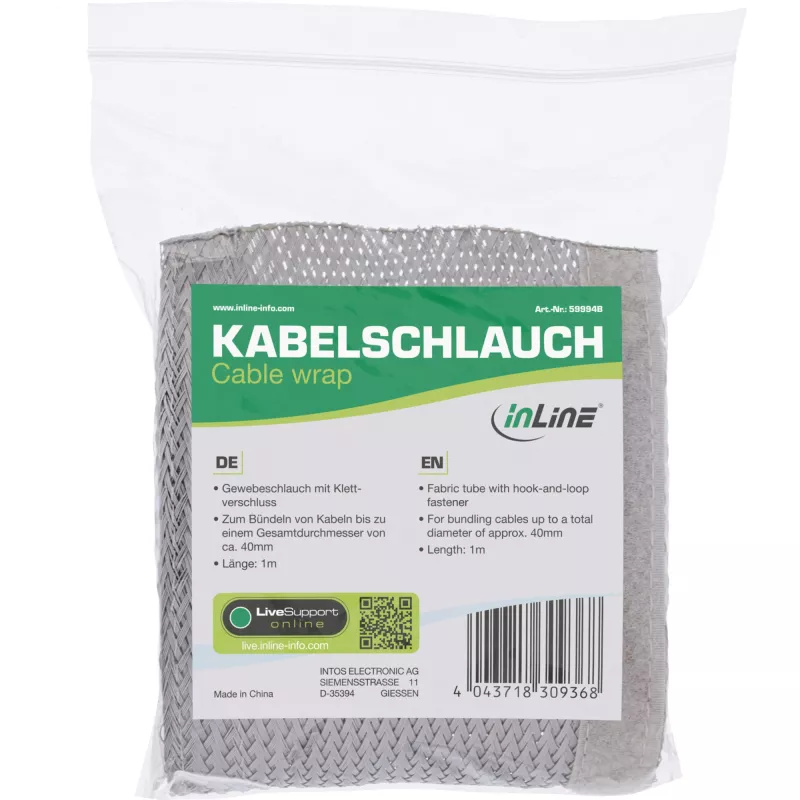 InLine Textilný chránič káblov so suchým zipsom, 1 m x 40 mm, sivý