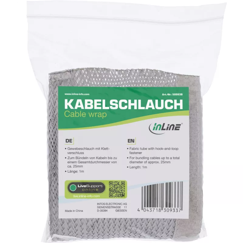 InLine káblový kanál, textilná hadica so suchým zipsom, 1 m x 25 mm sivá