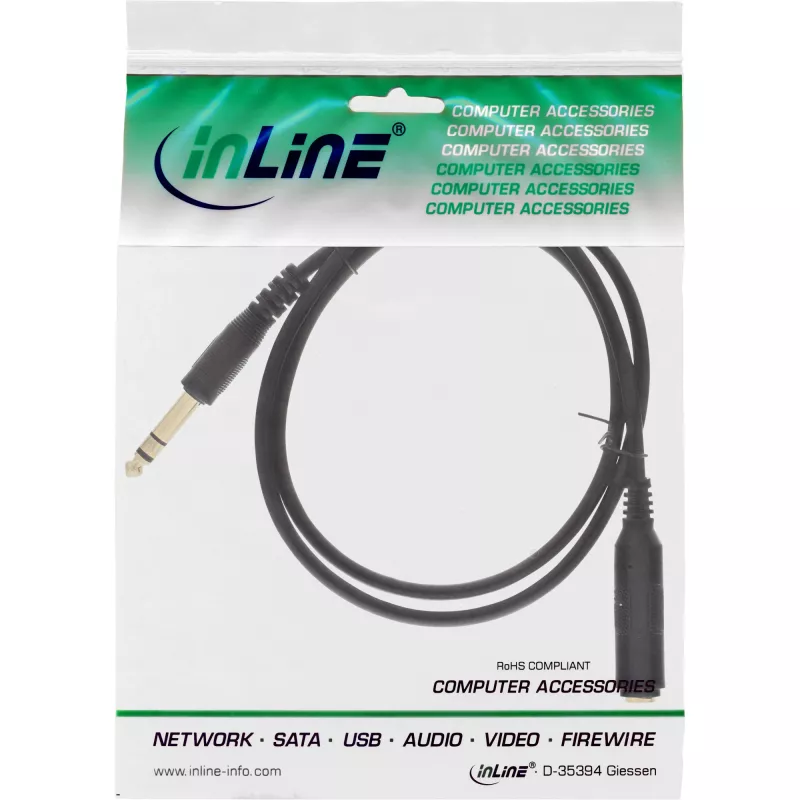 InLine predlžovací kábel pre slúchadlá 6,3mm stereo M/F, pozlátený, čierny, 3m