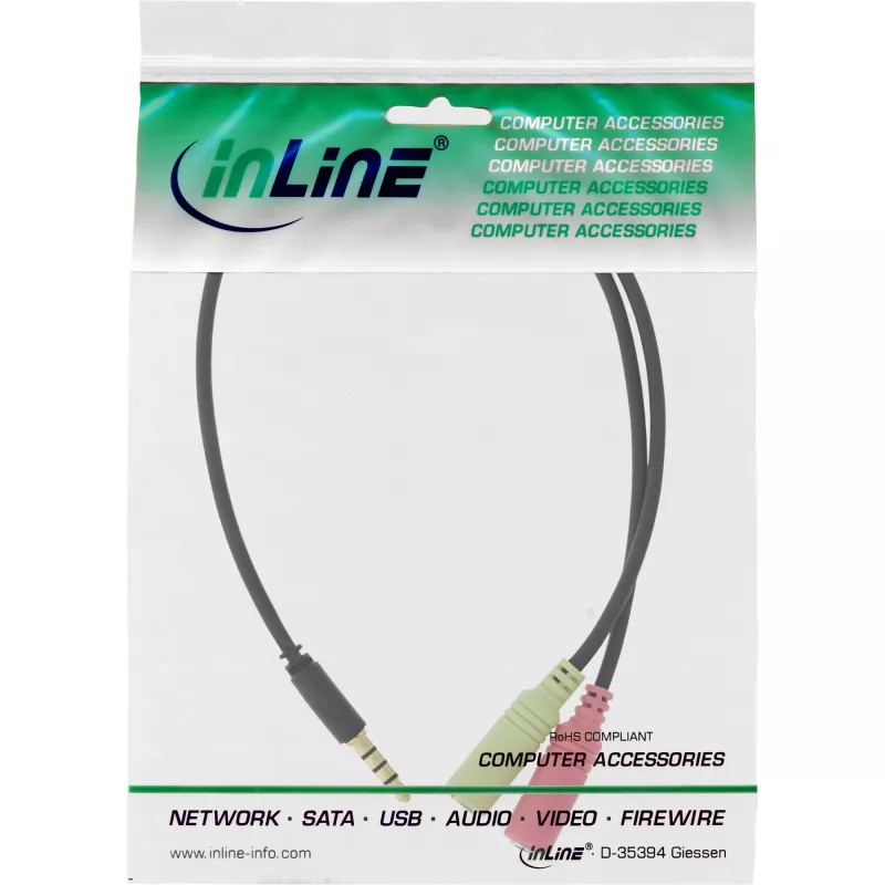 InLine audio adaptérový kábel pre headset 3,5 mm konektor samec 4-polohový / 2x 3,5 mm, čierny, 1 m