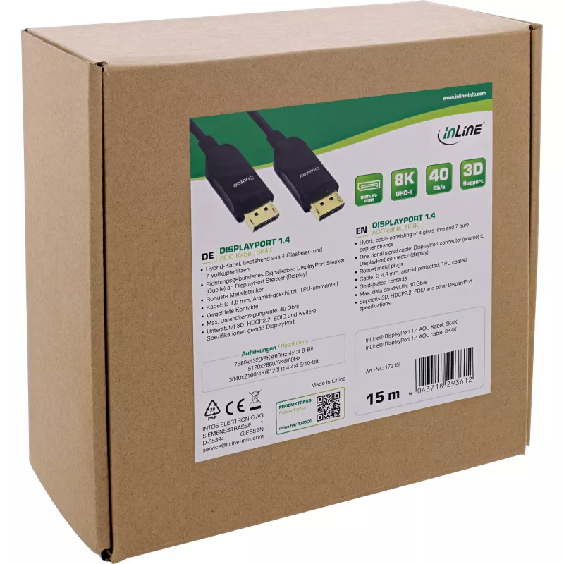 InLine DisplayPort 1.4 AOC kábel, 8K4K, čierny, 15 m