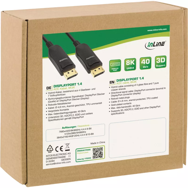 InLine DisplayPort 1.4 AOC kábel, 8K4K, čierny, 10 m, 10 m, DisplayPort, DisplayPort, konektor samec, konektor samec, 7680 x 4320 pixelov