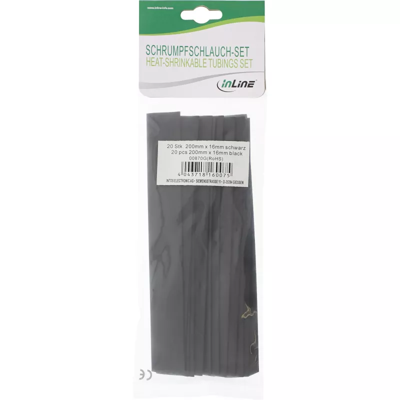 Zmršťovacia bužírka InLine 200 mm, priemer 16 mm → 8 mm, 20 kusov, čierna