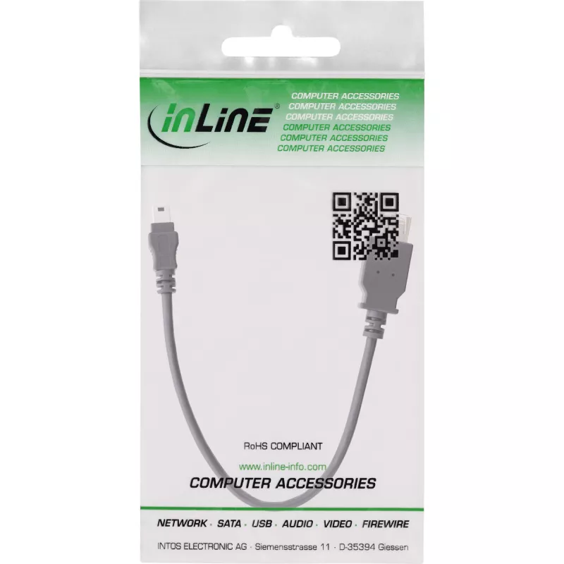 InLine USB 2.0 kábel, konektor samica A / Mini-5-pin konektor samec, 0,2 m, 0,2 m, Mini-USB B, USB A, USB 2.0, konektor samec/samica, čierny