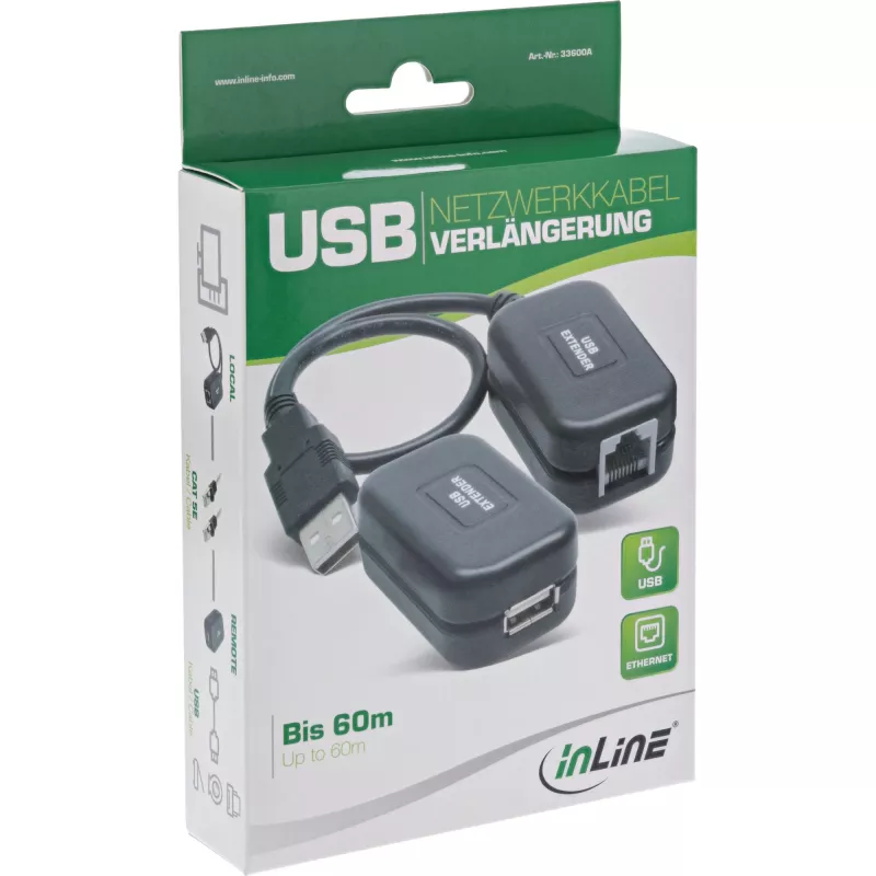 InLine USB extender do 60 m cez RJ45 patch kábel Cat.5e alebo lepší