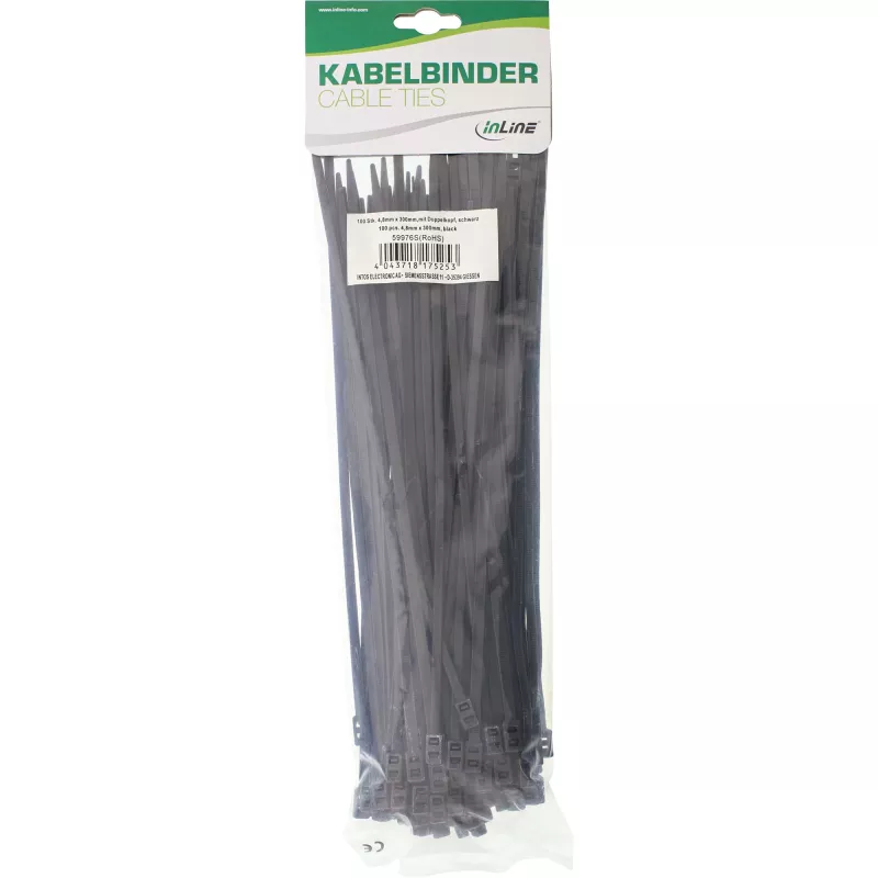 InLine montovateľné dvojhlavé viazacie pásky na káble 300 mm x 4,8 mm, nylon, čierna, 100 ks