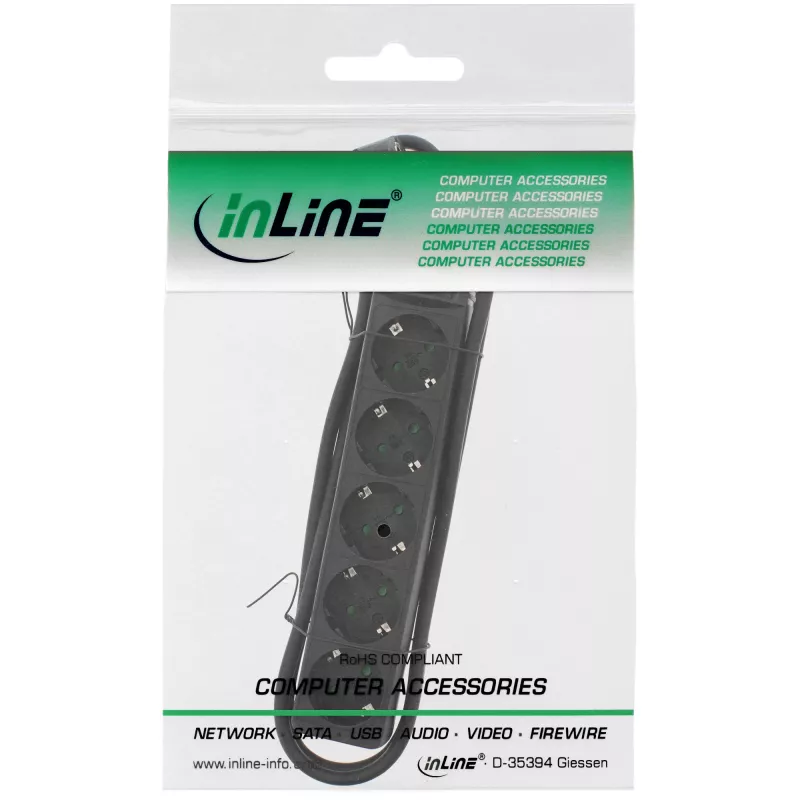 InLine zásuvkový blok, 5-násobný ochranný kontakt CEE 7/3, čierny, 1,5 m