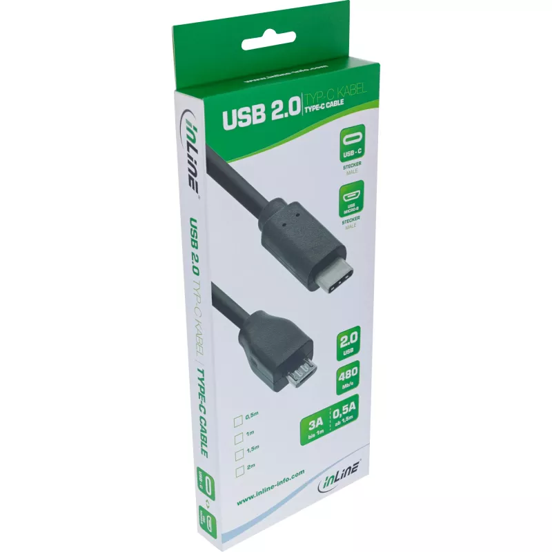 InLine USB 2.0 kábel, USB-C konektor samec / Micro-B konektor samec, čierny, 2m