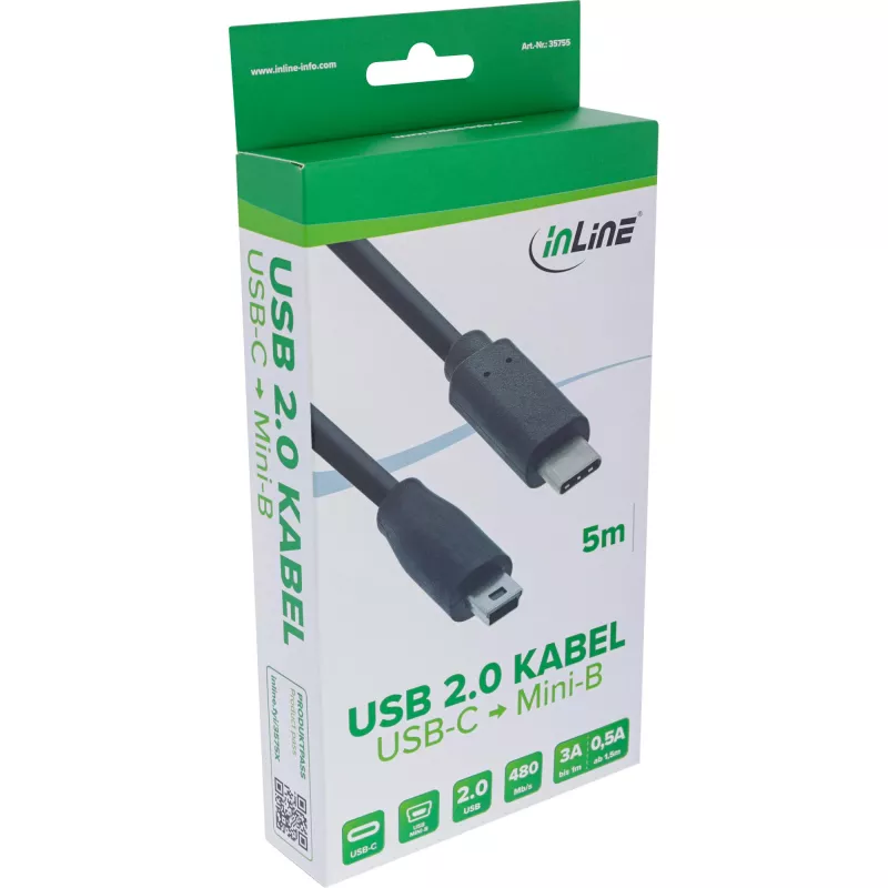 InLine USB 2.0 kábel, USB-C konektor samec / Mini-B konektor samec (5-pinový), čierny, 5m