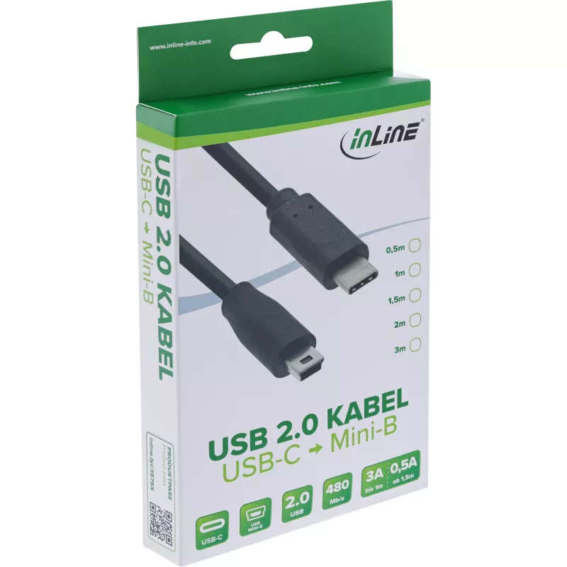 InLine USB 2.0 kábel, USB-C konektor samec / Mini-B konektor samec (5-pinový), čierny, 3 m