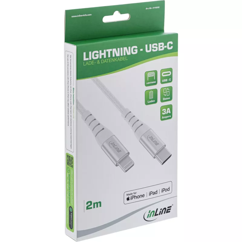 InLine USB-C Lightning kábel, pre iPad, iPhone, iPod, strieborný/hliník, 2 m