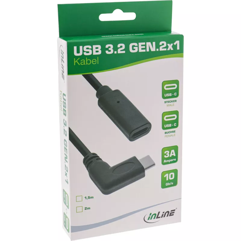 USB 3.2 Gen.1x2 kábel InLine 35782 USB-C konektor samec zahnutý / konektor samica čierny 2m