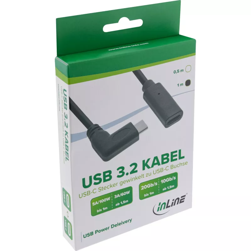 InLine USB 3.2 Gen.1x2 kábel, USB-C konektor samec zahnutý / konektor samica, čierny, 1m